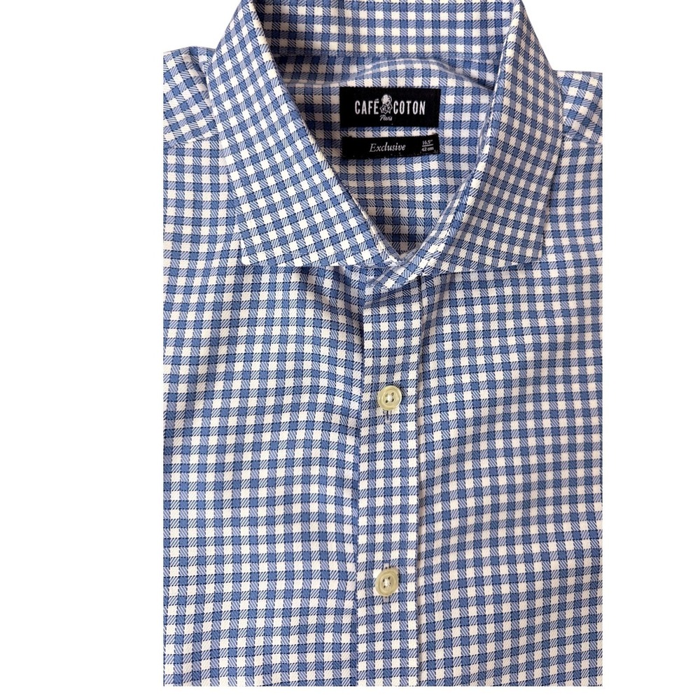 LNWOT Cafe Coton Paris Exclusive Mens Blue White Gingham Dress Shirt 16.5 42cm L